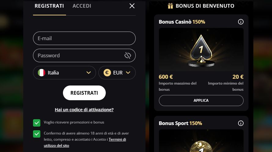 Registrati e applica il bonus casinò al 150 percento